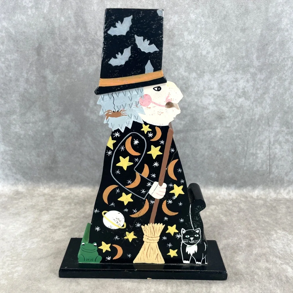 Rare Vtg Pier 1‎ Halloween Witch Tea Light Candle Holder Hand Painted Wood READ